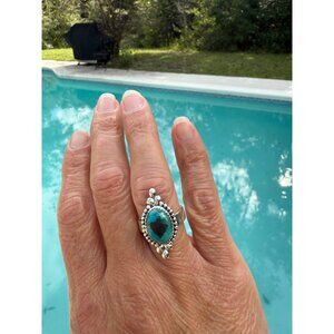 Artisan Terra Green Dahlia Turquoise Sterling Silver statement Ring Soutwest adj